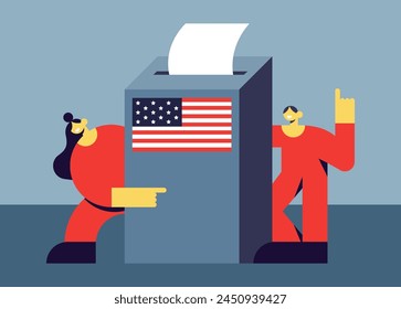 Election Day 2024. Voters vote at the polling station. USA People place paper ballots in the ballot box. Flat vector illustration.