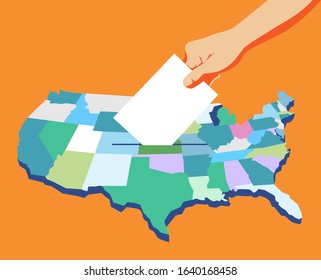 Election day in America, hand holding ballot paper, give your vote, American map background - Vector illustration