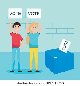 election day concept, ballot box and cartoon man and woman holding up a vote placards around over blue background, colorful design, vector illustration