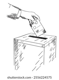Election day concept. Ballot Box Voting. Hand of person deliver their vote. Ballot at the polling station. Isolated Hand drawn sketch vector illustration.