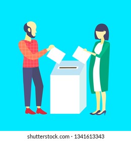 election day concept casual woman man voters couple putting paper ballot list in box during voting male female cartoon characters full length flat blue background