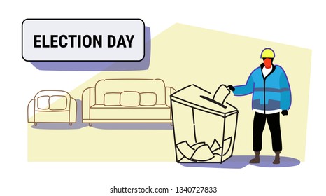 election day concept construction worker in uniform man voter putting paper ballot list in box during voting full length sketch doodle horizontal