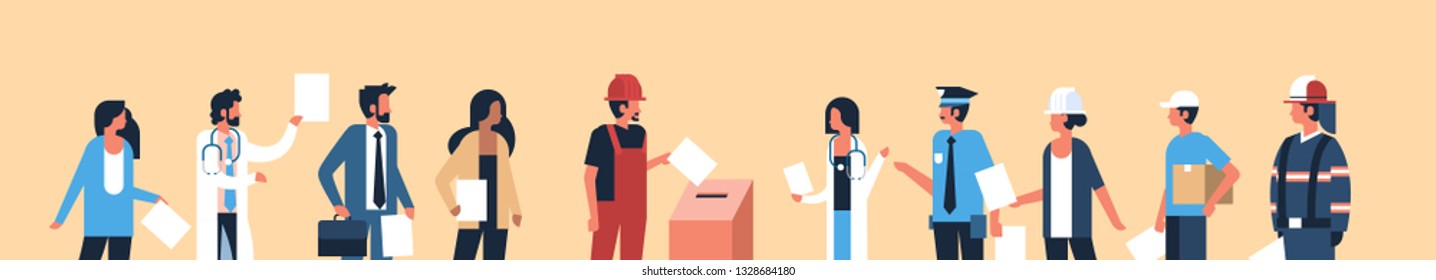 election day concept different occupations voters casting ballots at polling place during voting mix race people putting paper ballot in box portrait flat horizontal banner