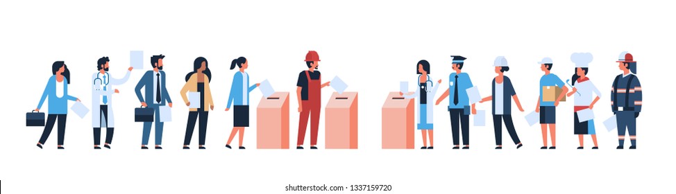 election day concept different occupations voters casting ballots at polling place during voting mix race people putting paper ballot in box full length flat horizontal banner