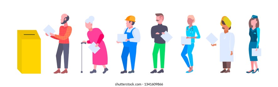 election day concept different occupations voters casting ballots at polling place during voting mix race people putting paper ballot in box full length flat horizontal white background