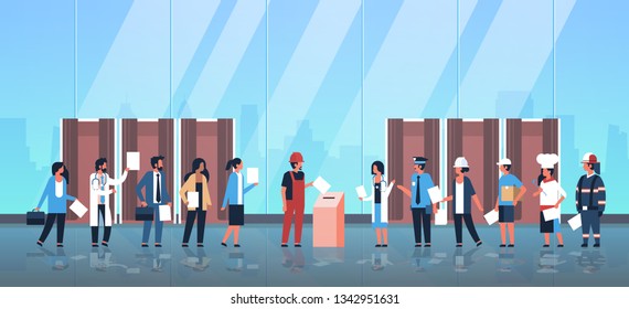 election day concept different occupations voters casting ballots at polling place mix race people putting paper ballot in box voting booths hall interior full length flat horizontal