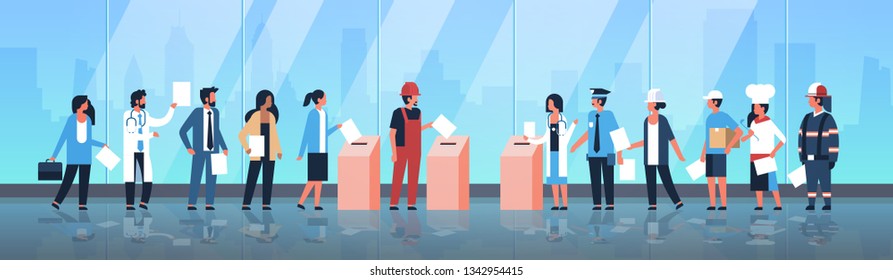 election day concept different occupations voters casting ballots at polling place mix race people putting paper ballot in box during voting full length flat horizontal