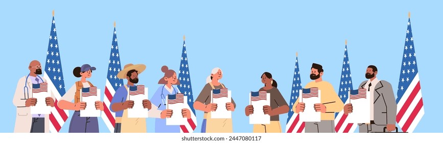 election day concept different occupations voters casting ballots at polling place during voting people holding paper ballots horizontal portrait
