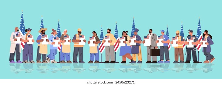 election day concept different occupations voters casting ballots at polling place during voting people holding paper ballots horizontal