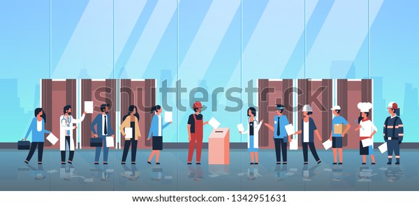 election day
concept different occupations voters casting ballots at polling
place mix race people putting paper ballot in box voting booths
hall interior full length flat
horizontal