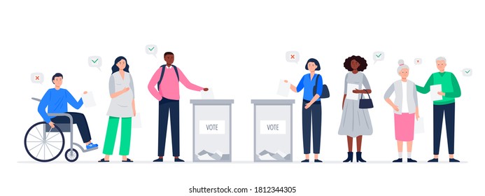 Election day concept. Different voters casting ballots at the polling place. Men and women putting paper ballots to election box. Democratic election. Vector flat illustration. 