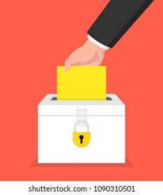 Election day concept. Hand putting voting paper in the ballot box with lock. Vector illustration.