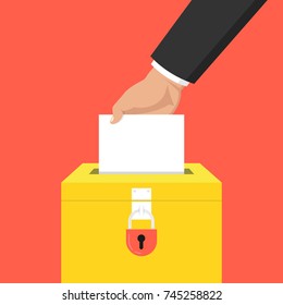 Election day concept. Hand putting voting paper in the ballot box with lock. Vector illustration.
