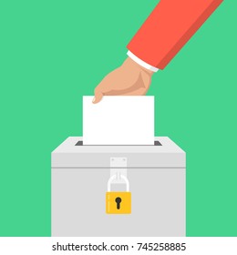 Election day concept. Hand putting voting paper in the ballot box with lock. Vector illustration.
