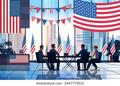election day concept observers team counting results at round table modern office interior with USA flags horizontal