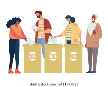 concepto del día de las elecciones varias personas votan en el colegio electoral durante la votación de personas de raza mixta colocando la papeleta de papel en la casilla completa, plano, referéndum y elección de voto