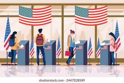 election day concept voters casting ballots at polling place during voting people holding paper ballots horizontal