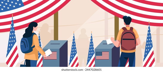 election day concept voters casting ballots at polling place during voting people holding paper ballots horizontal