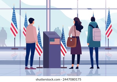 election day concept voters casting ballots at polling place during voting people holding paper ballots horizontal