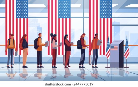 election day concept voters casting ballots at polling place during voting people holding paper ballots horizontal
