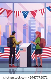 election day concept voters casting ballots at polling place during voting people holding paper ballots vertical