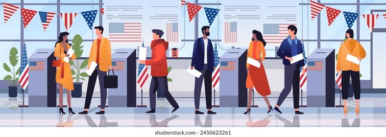 election day concept voters casting ballots at polling place during voting people holding paper ballots horizontal