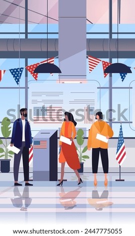 election day concept voters casting ballots at polling place during voting people holding paper ballots vertical