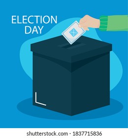 Diseño del día de las elecciones Mano Poniendo el Boletín de Votos en la urna de votación sobre fondo azul, ilustración vectorial