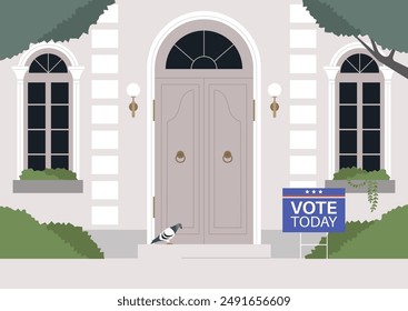 Election Day, A dove stands before a closed, double-door entrance on a suburban house, a Vote Today sign standing nearby