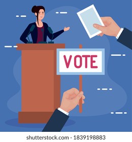 Election day hand holding vote banner and woman on podium design, President government and campaign theme Vector illustration