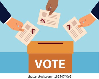 election day, hands with vote ballots and box vector illustration
