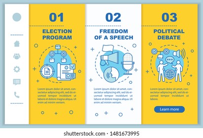 Election day onboarding mobile web pages vector template. Responsive smartphone website interface idea with linear illustrations. Webpage walkthrough step screens. Color concept 