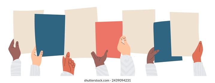 Election Day people group vote for democracy, hand with ballot vector illustration. Multicultural citizen exchange idea. Voter with paper. Referendum, cultural communication, cooperation, collaborate