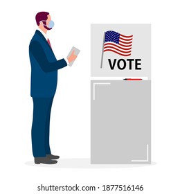 Ilustración del Vector de Votación de la Gente en el día de las elecciones. La persona da su voto por el candidato. Elecciones presidenciales estadounidenses 2020. Campaña electoral. Campaña política. Diseño de voto para impresión