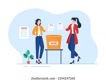 Election Day Political Hand Drawn Cartoon Flat Illustration with Voters Casting Ballots at Polling Place in United States Suitable for Poster or Campaign