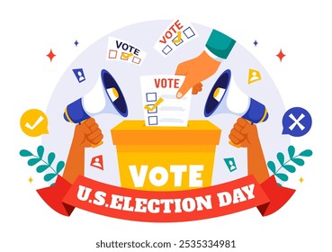 Election Day Political Vector Illustration featuring Voters Casting Ballots at a Polling Station with Global Representation in a Flat Background