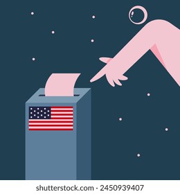 Election Day in Space. Voters Astronaut vote at the polling station. People place paper ballots in the ballot box. Flat vector illustration.