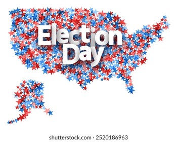 Texto do dia da eleição sobre um mapa dos EUA repleto de estrelas vermelhas, brancas e azuis, simbolizando a celebração da eleição de 2024.