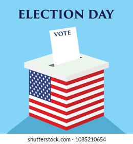 Election day in United States of America with USA flags in background. hand inserting envelope into vote ballot. vector illustration