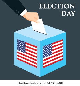 Election day in United States of America with USA flags in background. hand inserting envelope into vote ballot. vector illustration