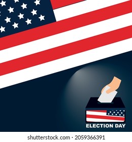 Election Day in the United States. United States flag in background. hand inserting envelope into ballot. Vector template design