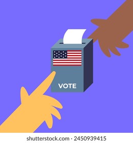 Election Day USA 2024. Voters with different nationalities vote at the polling station. Different occupations voters casting ballots. Flat vector illustration.