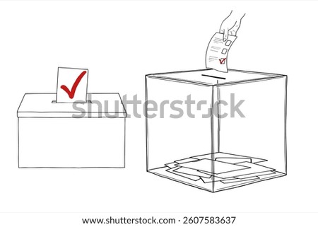 Election day vector illustration set painted by black inks. Plastic ballot boxes with voting papers clip art. Putting the choice sketch. Presidential election, candidate selection single line art..
