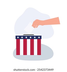 Election Day Voting with USA Flag Ballot Box. Hand Holding Ballot for Patriotic Civic Participation