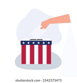 Election Day Voting with USA Flag Ballot Box. Hand Holding Ballot for Patriotic Civic Participation