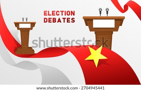 An election debate against a light background with two wooden tribunes, a red flag, and a yellow star on it. Elections in Vietnam, voting.