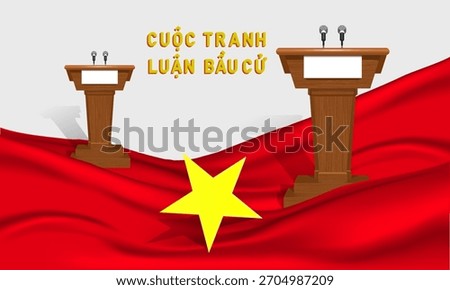 An election debate against a light background with two wooden tribunes, a red fabric flag and a yellow star. Elections in Vietnam. The caption in Vietnamese reads: "cuộc tranh luận bầu cử."