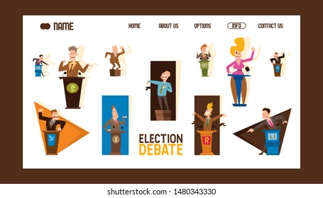Election debate banner vector illustration. Male and female politicians taking part in political debates in front of audience. Pair of government workers talking or having political dispute.