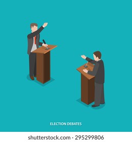 Election debates flat isometric vector illustration. Two candidates take part in debates standing near tribunes.