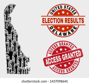 Election Delaware State map and seal stamps. Red rounded Access Granted distress seal stamp. Black Delaware State map mosaic of raised referendum hands. Vector collage for ballot results,